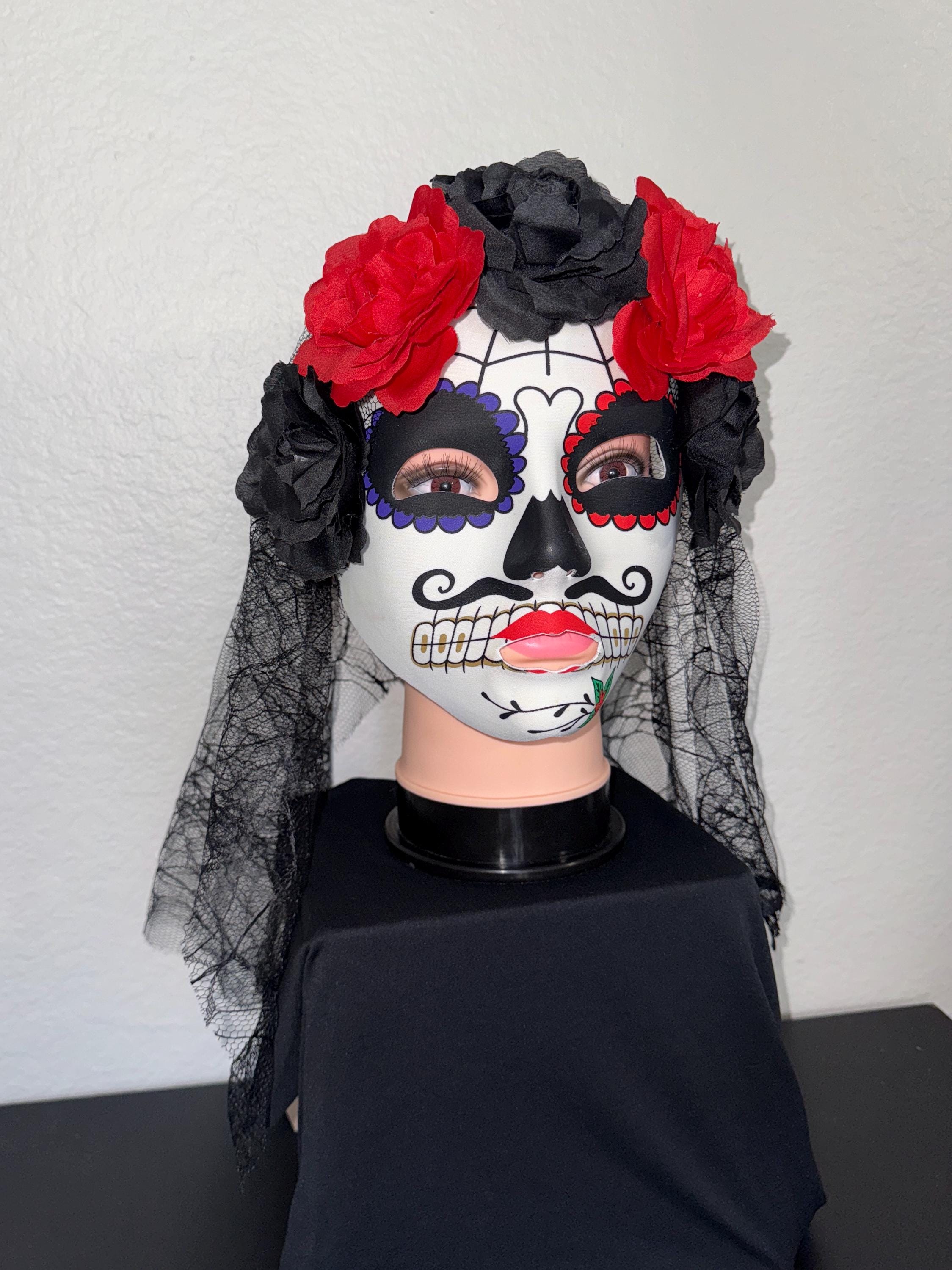 Day of the Dead Sugar Skull Mask With Red & Black Roses Veil - Etsy
