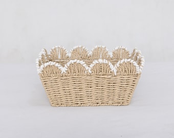 Cesta de cuerda de papel trenzada: borde festoneado, almacenamiento de estilo bohemio para la habitación del bebé.