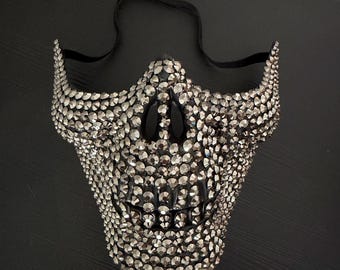 Rhinestone Skull Face Mask, Silver Gothic Skeleton Half Mask, Sparkly Masquerade Costume for Halloween, Rave and Festival