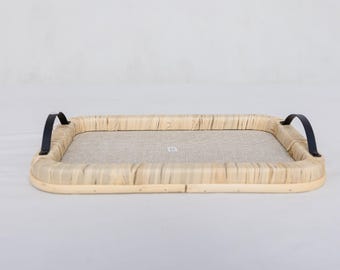 Raffia Wrapped Serving Tray with Metal Handles: Boho Coffee Table Decor