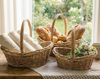Cesta de Pascua de mimbre tejida a mano con asa / Cesta de regalo rústica de ratán natural para la búsqueda de huevos
