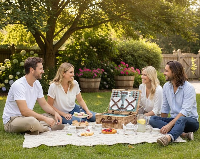 Wicker Picnic Basket Set for Four: Gingham Liner, Willow Hamper