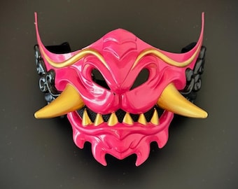 Pink Oni Mask with Gold Fangs: Cyberpunk Cosplay Half Mask