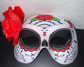 Máscara del Día de los Muertos, calavera de azúcar con rosa roja, disfraz de Halloween