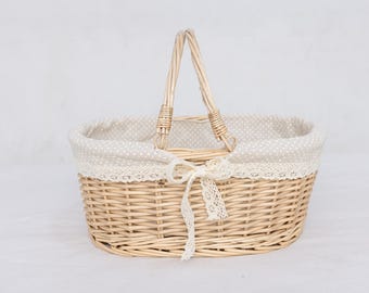 Cesta de mimbre tejida a mano con encaje: cesta de picnic vintage, decoración rústica