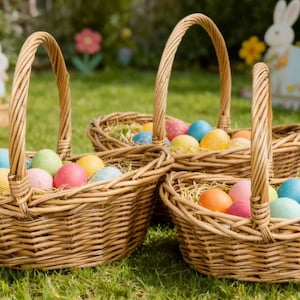 Handwoven Wicker Easter Basket with Handle | Rustic Natural Rattan Egg Hunt Gift Hamper