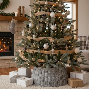 May include: A decorated Christmas tree with ornaments, lights, and ribbon stands in front of a fireplace. The tree is surrounded by wrapped gifts and a gray wicker tree collar. A sofa with plaid pillows is in the background.