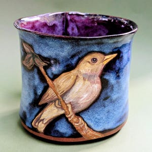 Hand-Painted Nightingale Ceramic Planter: Blue Rutile Glaze, Stoneware Clay, Smokey Merlot Interior