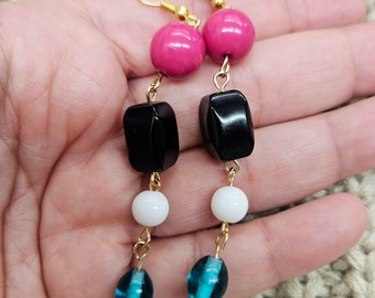 Handmade Pink, Black, White, and Aqua Beads Long Beaded Earrings