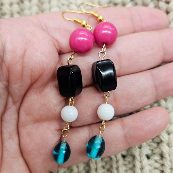 Handmade Pink, Black, White, and Aqua Beads Long Beaded Earrings