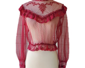 Vintage Raspberry Red Sheer Lace Edwardian Style Blouse, Cameo Medallion Embroidery, High Neck Long Sleeve Ruffle Crop Top S M