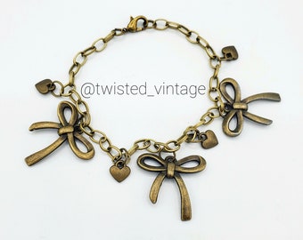Boho Lolita Hearts Bows Charm Bracelet Anklet, Antique Brass Metal Finish, Cute, Handmade