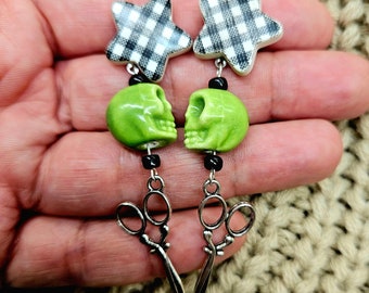 OOAK Handmade Black and White Gingham Stars Lime Green Skulls Scissors Earrings