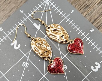 Handmade Valentine's Day Gold and Red Glitter Heart Earrings Jewelry