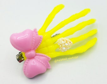 Pink Lemonade Skeleton Hand Hair Clip Gothic Lolita Yellow Bow Sparkly Heart Iridescent Creepy Cute