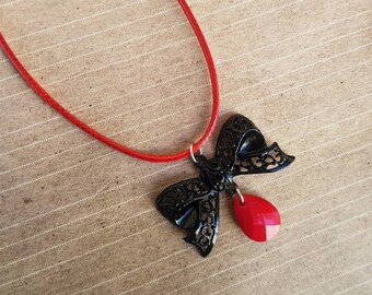 Vampire Princess Gothic Lolita Bow Necklace, Red and Black Necklace, Teardrop, Jewelry