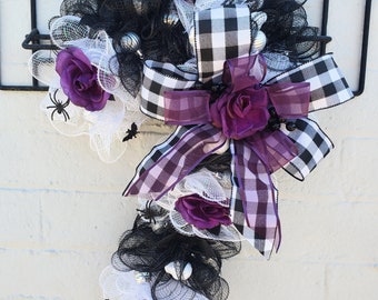 Merry Gothmas Gothic Candy Cane Wreath Goth Christmas Home Decor Black White Buffalo Plaid Plum Purple Ribbon Bow