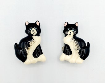 2 Vintage Black White Cat Snap Button Covers Pair