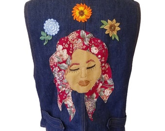 Boho Chic Floral Upcycled Vintage Denim Vest M L