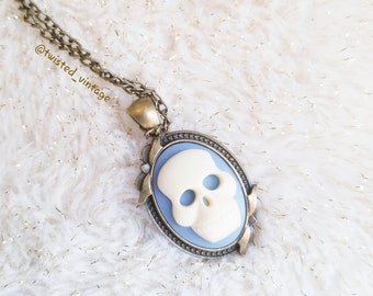 White Skull Baby Blue Cameo Bow Necklace Spooky Goth Gothic Lolita