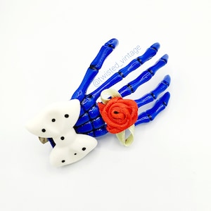 Gothic Lolita Skeleton Hand Hair Clip Cobalt Blue Red Rose White Bow USA Patriotic, 4th of July Hair Clip