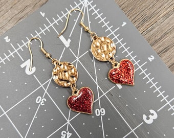 Handmade Valentine's Day Gold and Red Glitter Heart Earrings Jewelry