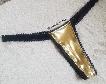 Handmade Metallic Gold Black Stretch Lace Exotic Dancer Thong M