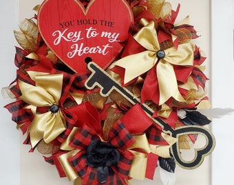 XL Valentines Day Wreath Key To My Heart Red Gold Black Farmhouse Chic Buffalo Plaid Country Glam