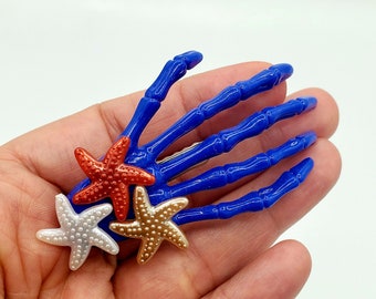 Nautical Goth Starfish Skeleton Hand Hair Clip 4th of July Red White Blue Ahoy Sailor