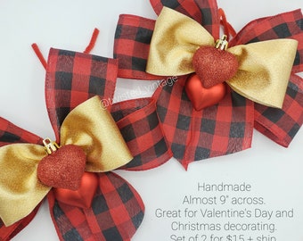 2 Valentine's Day Buffalo Plaid Gold Wired Ribbon Bows Heart Ornaments Set