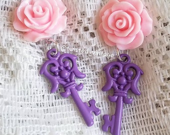 Pink Rose Purple Skeleton Key Earrings Country Shabby Chic Jewelry Sweet Romantic Spring Pretty Floral