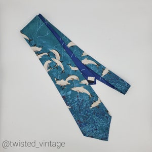 Vintage SURREY Dolphin Men&#39;s Tie Dolphins Teal Green Navy Blue Necktie Ocean Sea Blue Beach Wedding