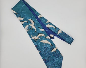 Vintage SURREY Dolphin Men's Tie Dolphins Teal Green Navy Blue Necktie Ocean Sea Blue Beach Wedding