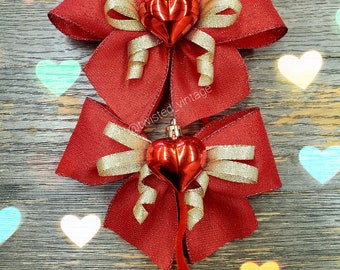 Valentine's Day Wired Ribbon Bows Red Gold Heart Ornaments Attachments Set of 2