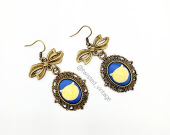 Blue Butter Yellow Owl Cameo Earrings, Antique Brass Finish Bows, Boho, Bohemian, Gypsy, Wisdom Totem Animal, Handmade