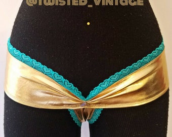 Metallic Gold Turquoise Lace Sexy Thong EDC Festival Hot Pants Bottoms XS S