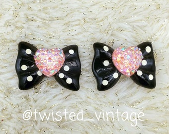 Black White Polkadot Bow Stud Earrings Sparkly Iridescent Pink Hearts Lolita