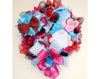 Handmade Valentine's Day Wreath Gnome Hearts Balloons Blue Pink Red Black Ribbons
