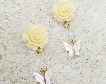 Pale Pink Butterflies Yellow Shell Buttefly Rose Roses Dangle Earrings