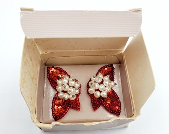 Vintage 1991 AVON Red Sequins Stud Earrings, Sparkly Holiday Jewelry, Butterfly Pearls Beads