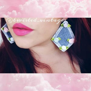 Country Shabby Chic Bride Bridal Earrings, Recycled Blue Denim, Satin Mini Roses, Diamond Shape, Handmade USA