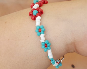 Red Turquoise White Daisy Chain Beaded Bracelet Large Wrist Handmade USA