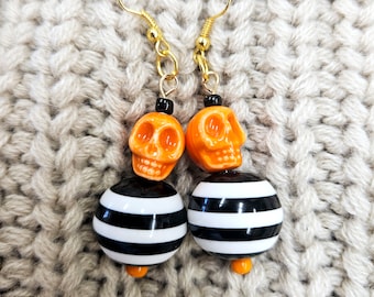 Handmade Halloween Orange Skulls and Black and White Striped Earrings