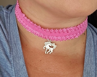 Plus Size Handmade Pink Elastic Lace Choker Necklace Mystical Horse Charm