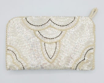 1960s 60s Vintage Silvercraft Made In Japan Bridal Beaded Sequins Clutch Evening Purse Off White