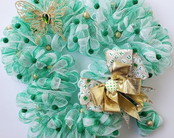 St. Patrick's Day Green Shamrock Lucky Clover Wreath Golden Butterfly Gold Bow