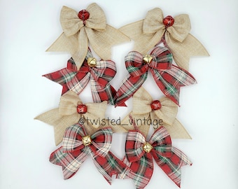 Rustic Cabin Farmhouse Bow Ornaments Red Green Plaid Burlap Jingle Bells Bows Set of 8