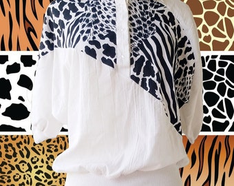 Vintage BOCA BAY Collection Black White Animal Print Slouchy Top S M Collared Button Balloon Poofy