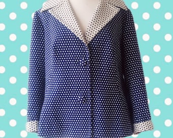 Vintage Handmade Mod Wool Coat Navy Off White Polkadot Peacoat L 12