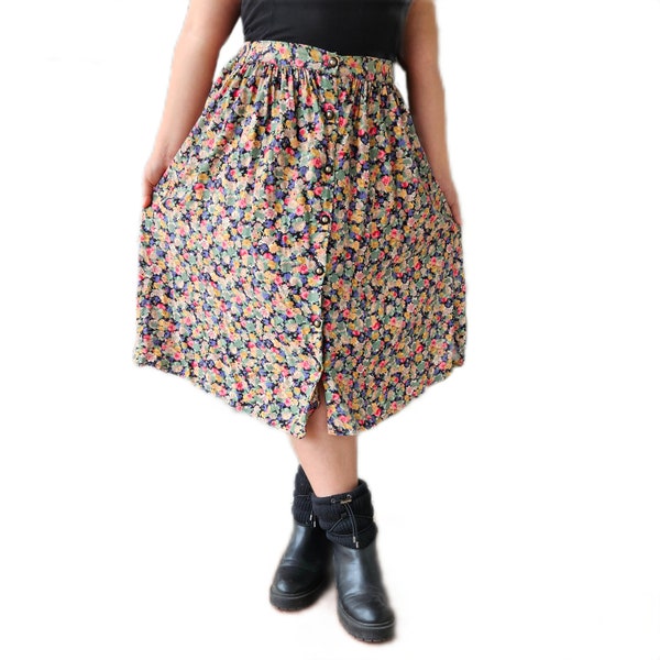 90s Vintage FRITZI CALIFORNIA Floral Rayon Button Up Skirt M 8 10